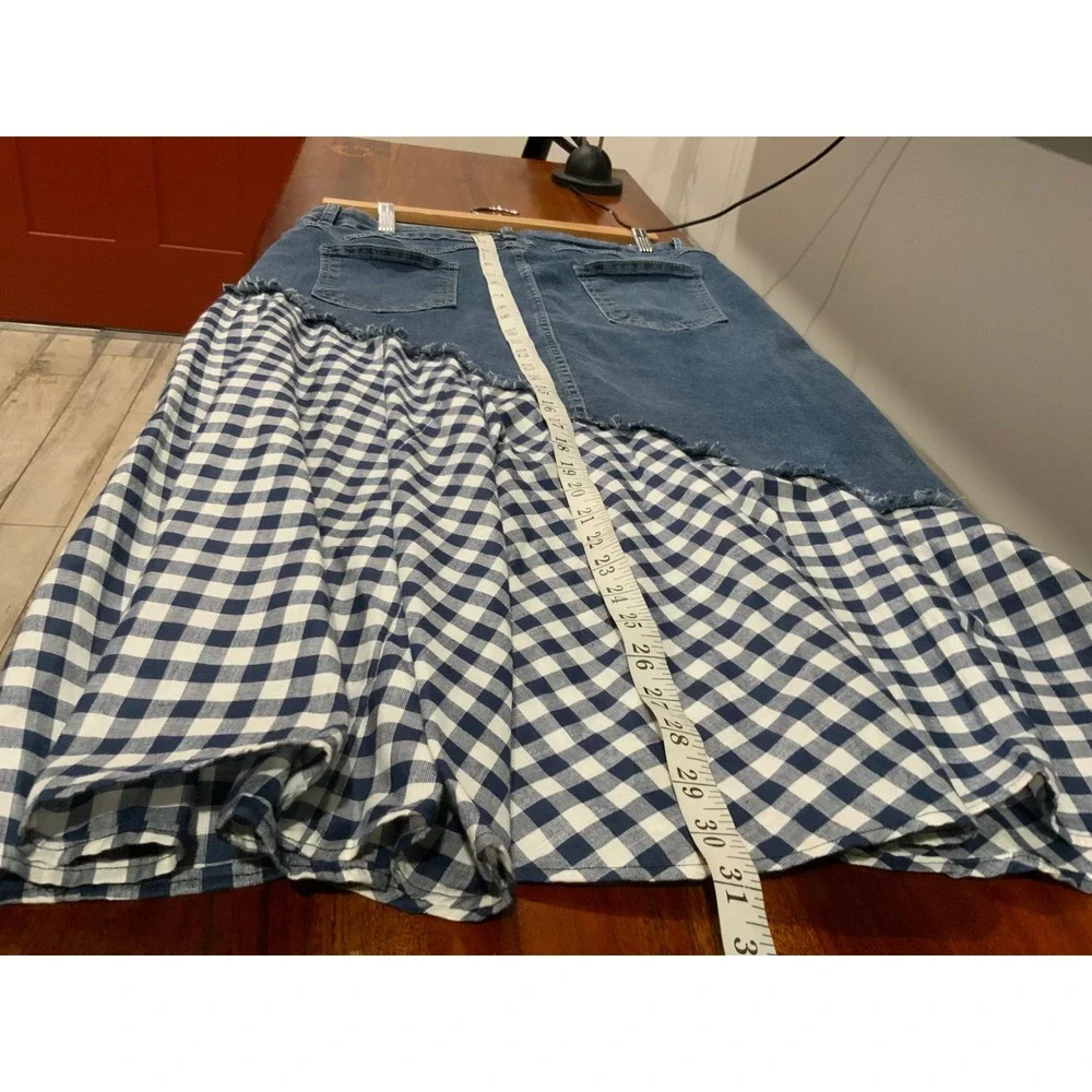 Blue Denim Gingham Mixed Media Asymmetrical Button Front Midi Skirt Cottagecore